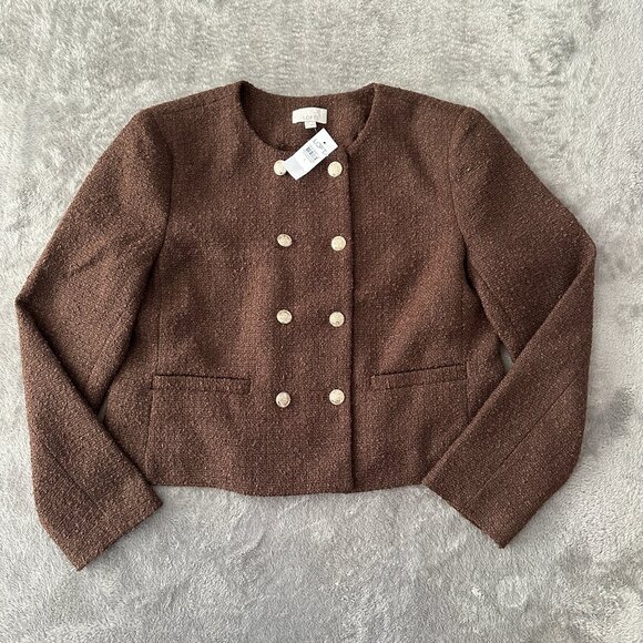 NWT 2025 Ann Taylor LOFT Brown Tweed Double Breasted Jacket Women's LARGE - Picture 1 of 7